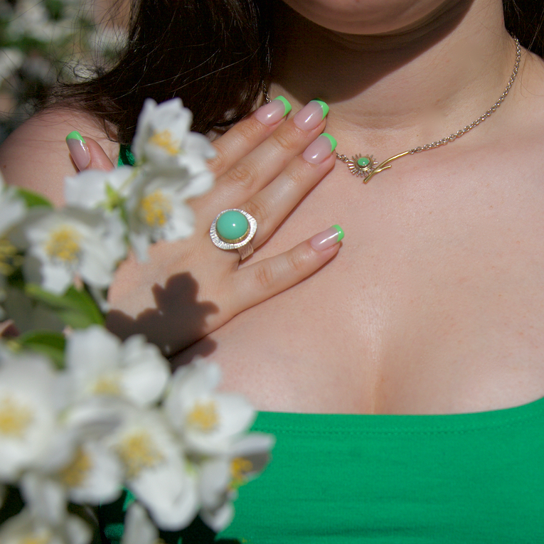 feverfew green stone necklace and mint green ring modelled