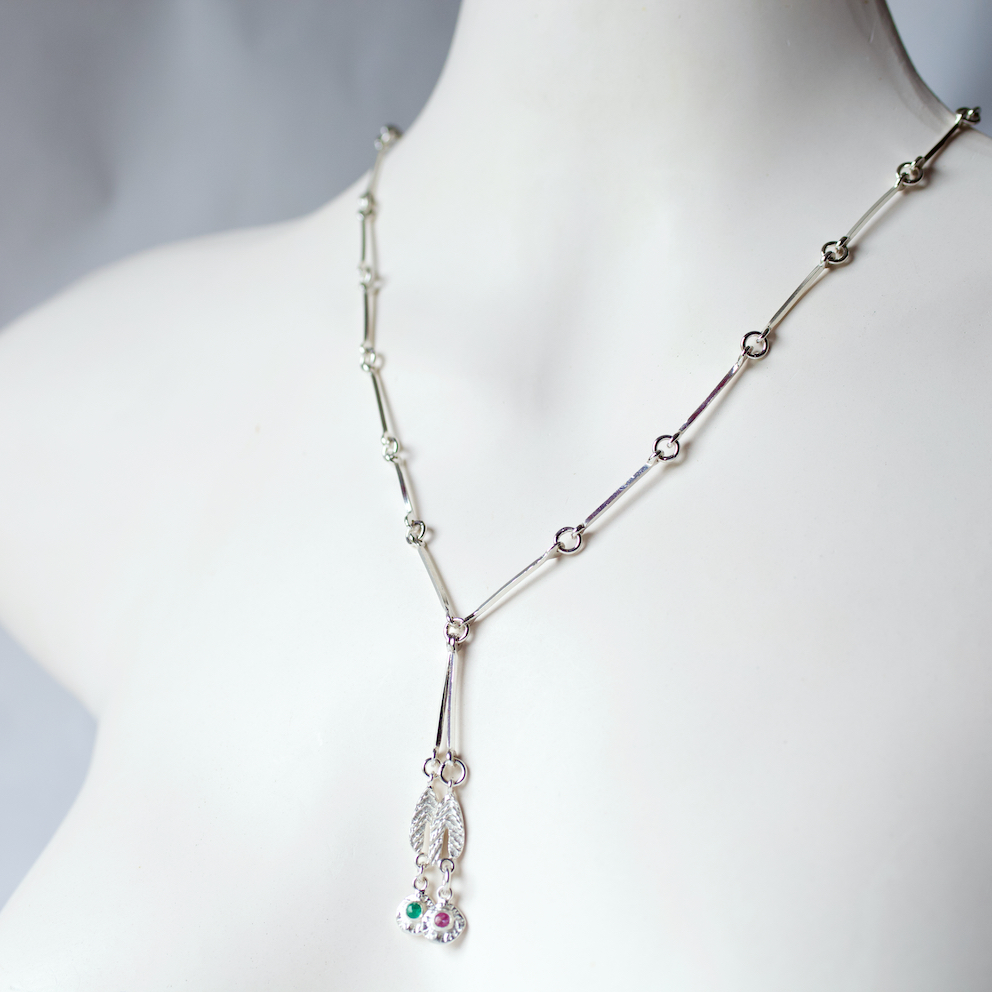 Emerald pink sapphire silver necklace hand made chain
