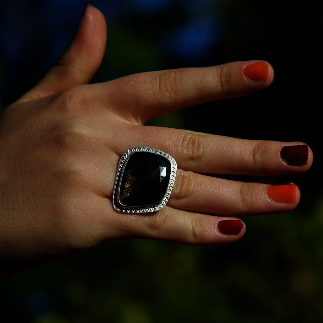Sapphire black sheen ring on hand sapphire black sheen silver ring on hand, large statement ring